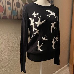 Black Halogen sweater, white birds, Large